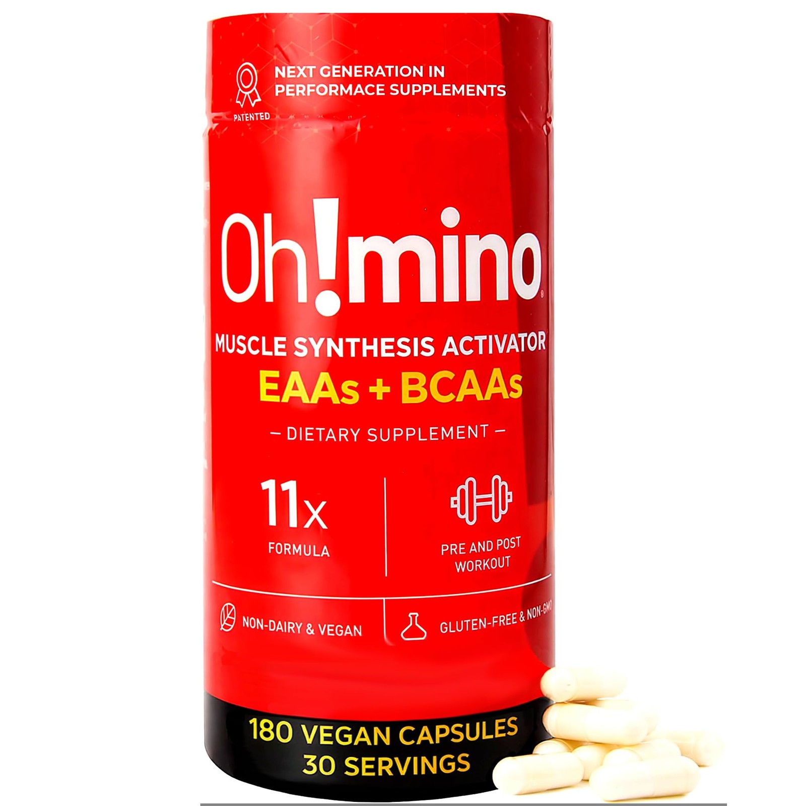 Ohmino Essential Amino Acids Supplement, Caffeinated Capsules, All 9 EAAs, BC…