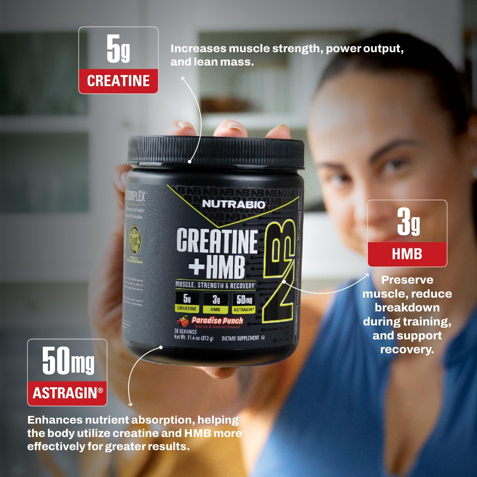 Creatine Monohydrate + HMB Powder for Muscle Growth & Strength – 30 Servings