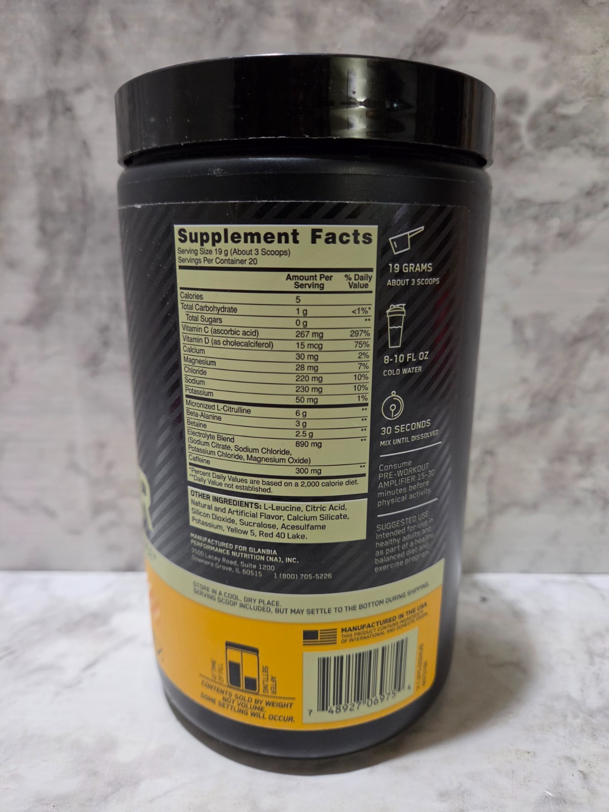 Optimum Nutrition Pre-Workout Amplifier Citrus Mango 13.4 OZ 8/2026