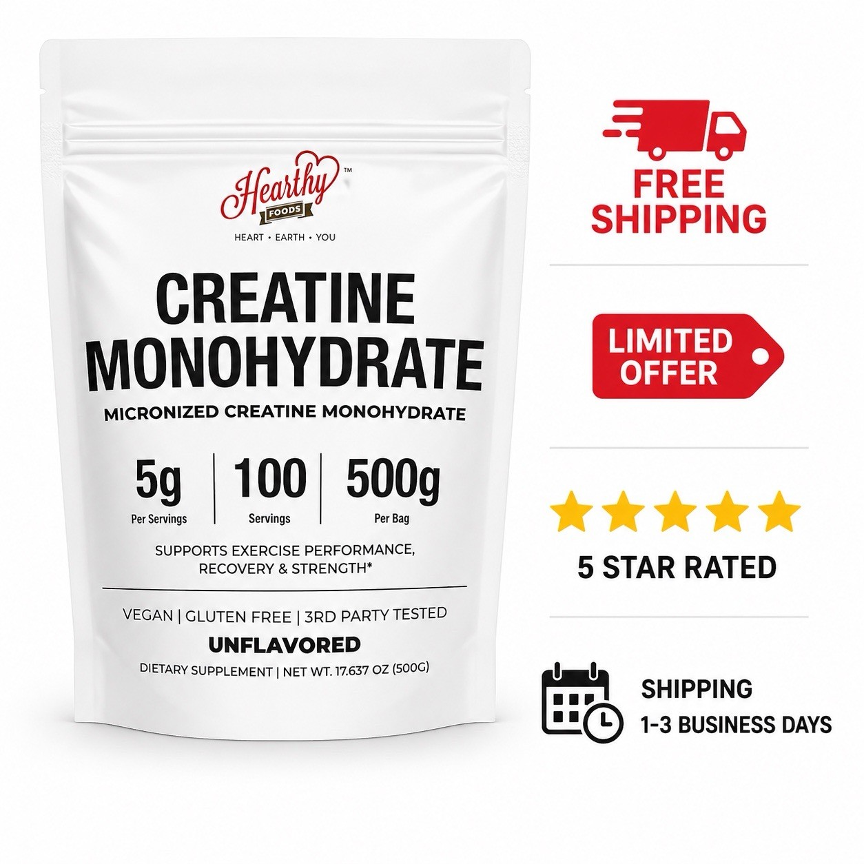 HEARTHY FOODS Creatine Monohydrate Micronized Powder 500G – 100 Servings, 5000mg