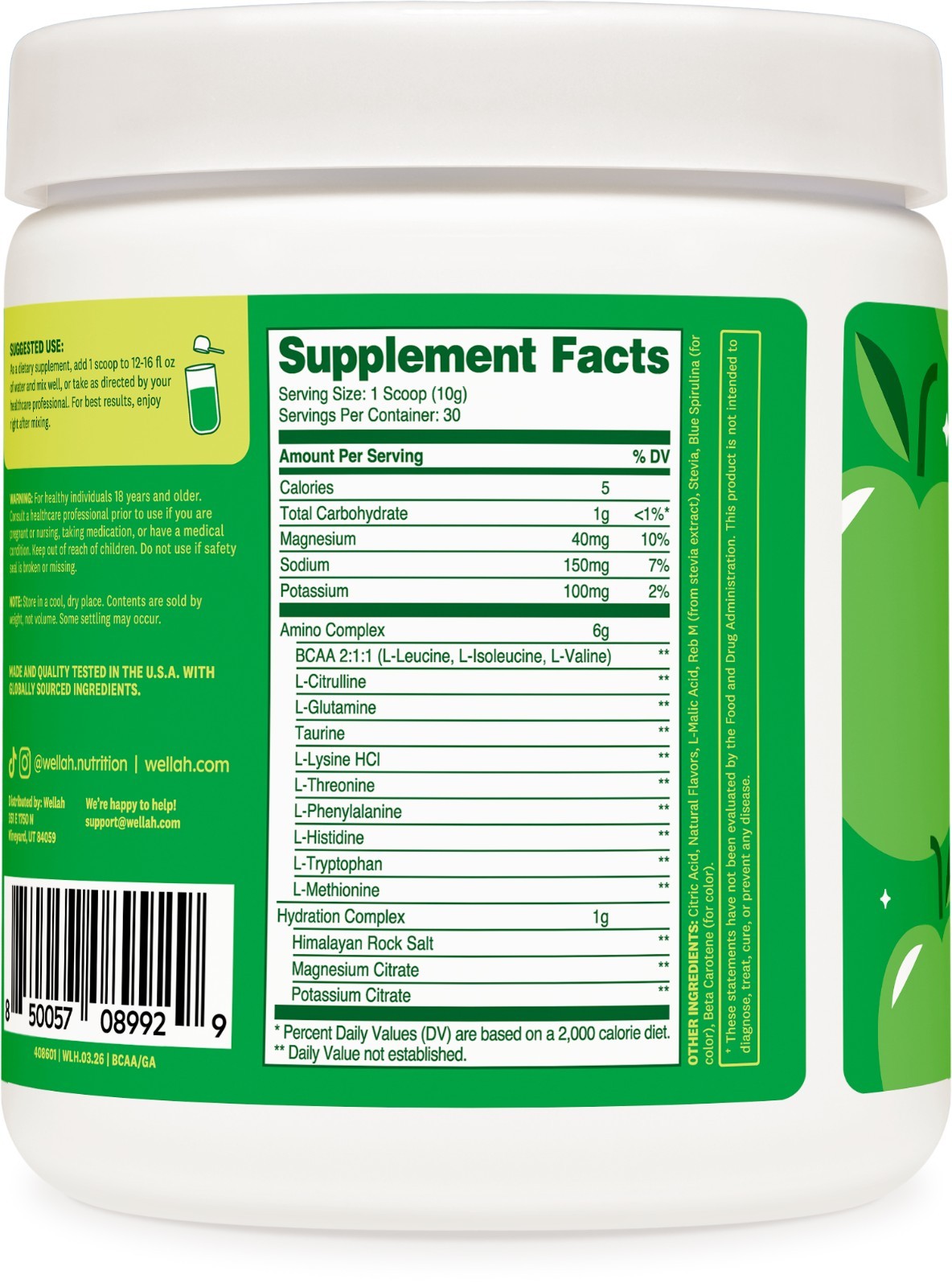 Wellah So Long Soreness BCAA Powder (Green Apple Flavored) 30 Servings