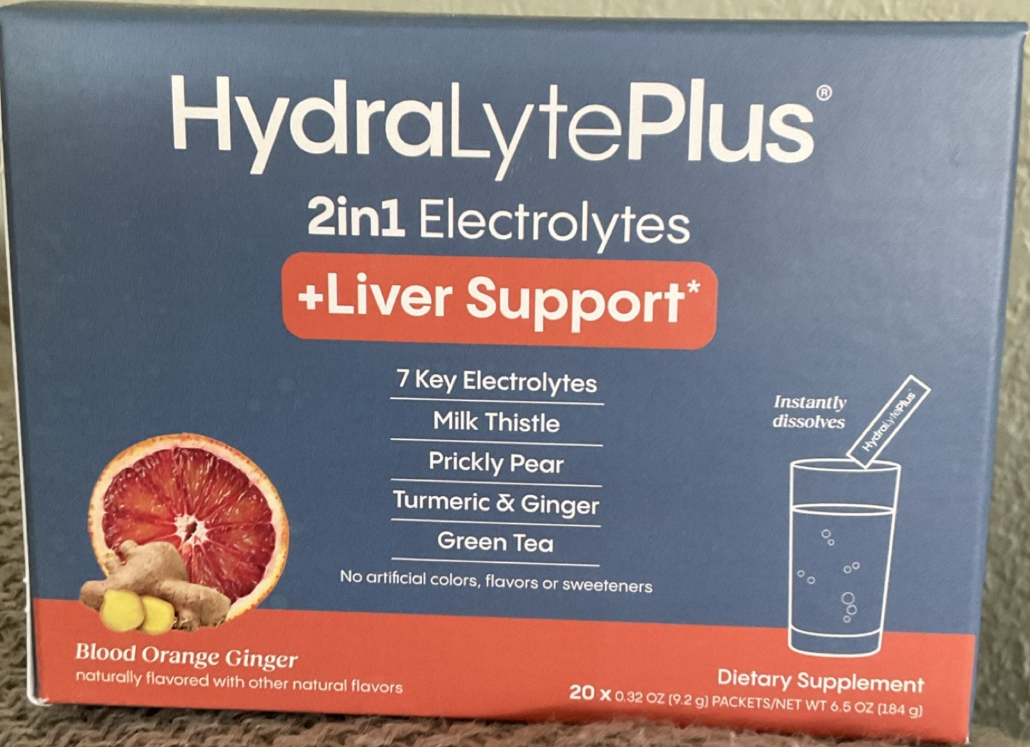 HydraLytePlus Electrolytes Liver Support Powder Blood Orange Ginger 20 Packets