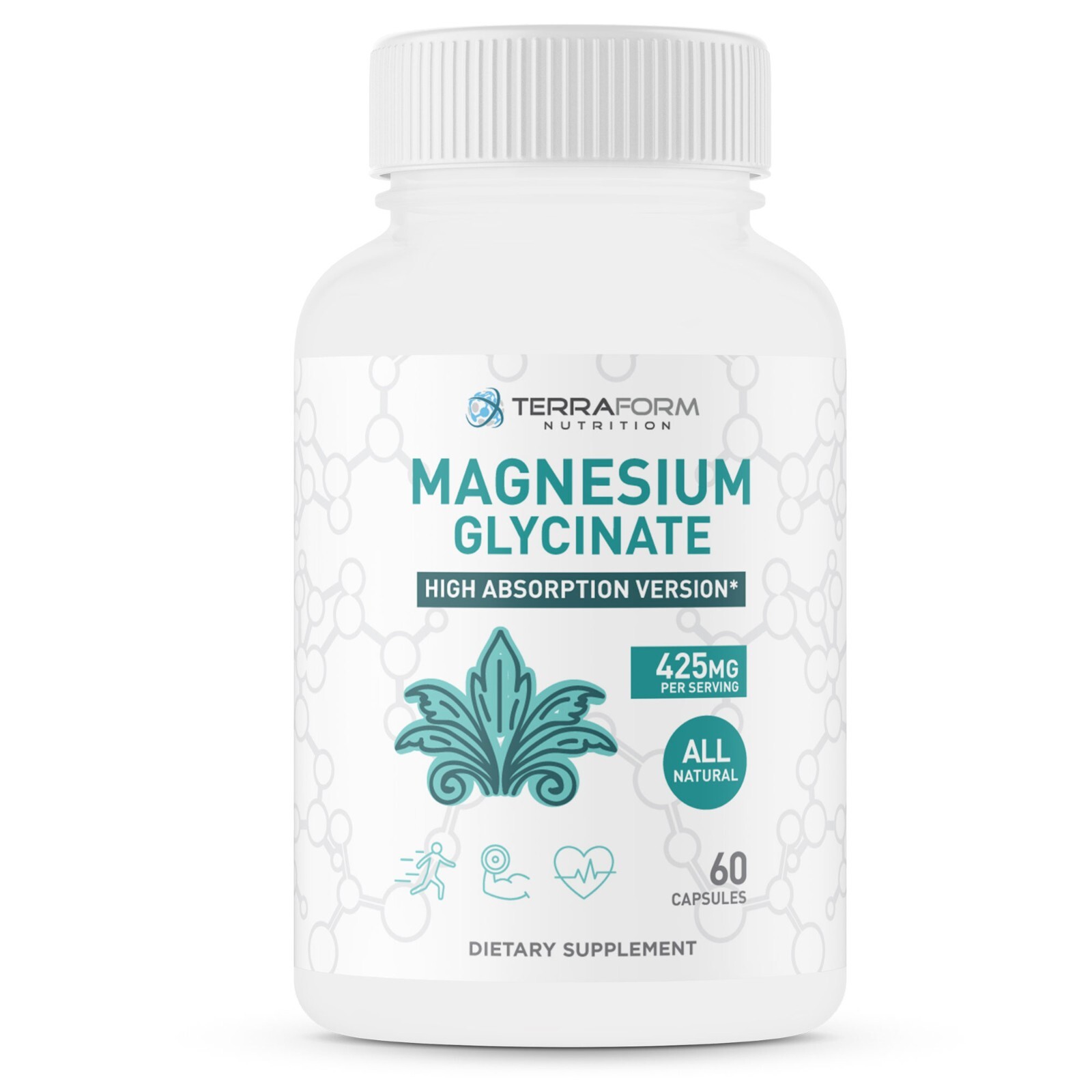 Advanced Magnesium Glycinate 425mg, 100% Chelated, 60 Capsules – Promotes Restfu