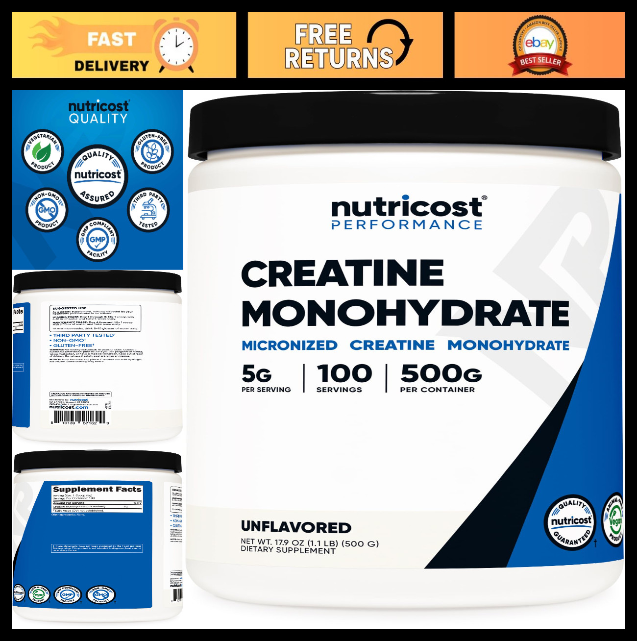 Micronized Creatine Monohydrate Powder 500g | 100 Servings, 5000mg per Serving