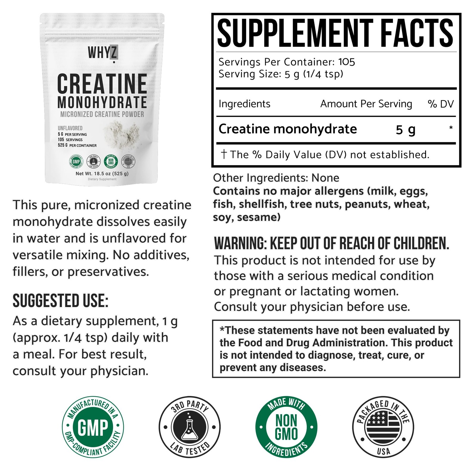 Creatine Monohydrate Powder, 525g, Micronized & 1.16 Pound (Pack of 1), White