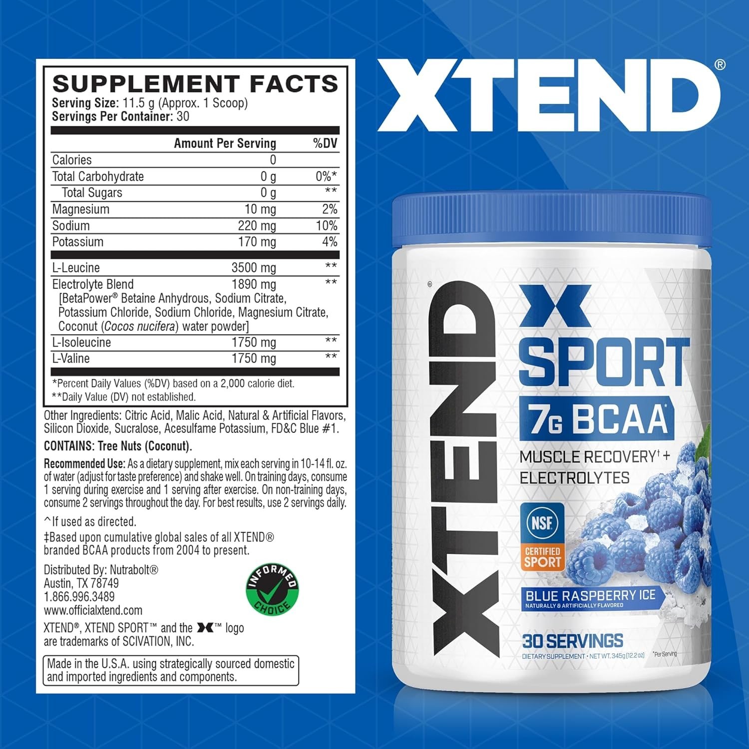 30 Servings XTEND BCAA Powder, Blue Raspberry Ice – Sugar-Free Muscle Recovery