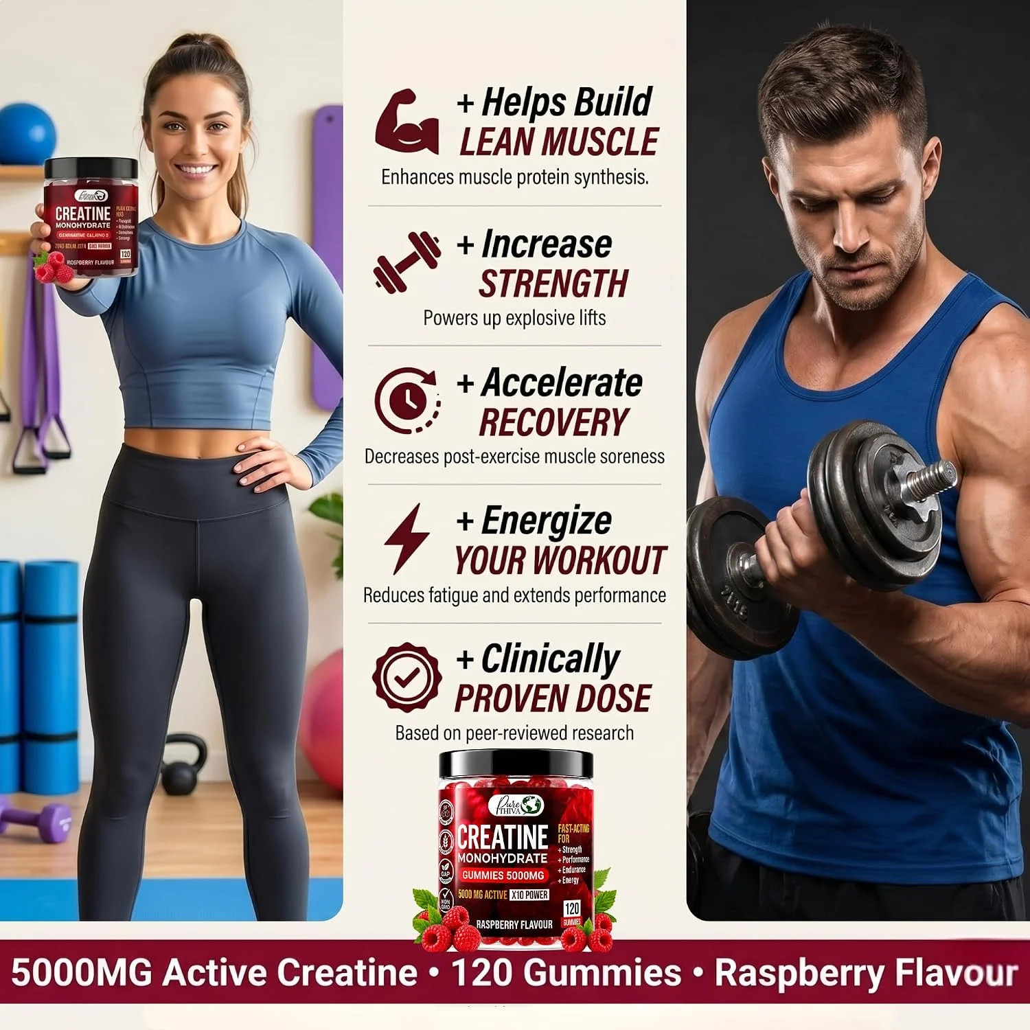Creatine Monohydrate Gummies 5000mg, 120 Count Sugar Free Raspberry Creatine Gum