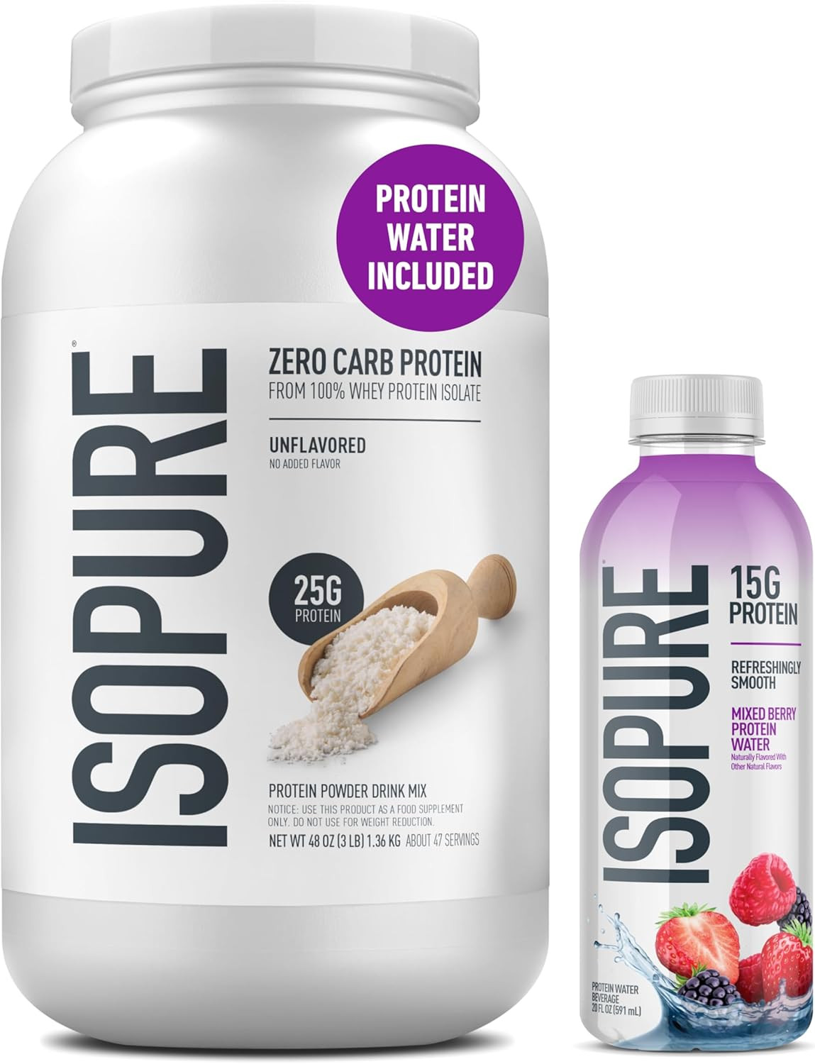 Zero Carb 100% Pure Whey Isolate Unflavored Protein Powder 3 Lbs + 1 Bottle of C