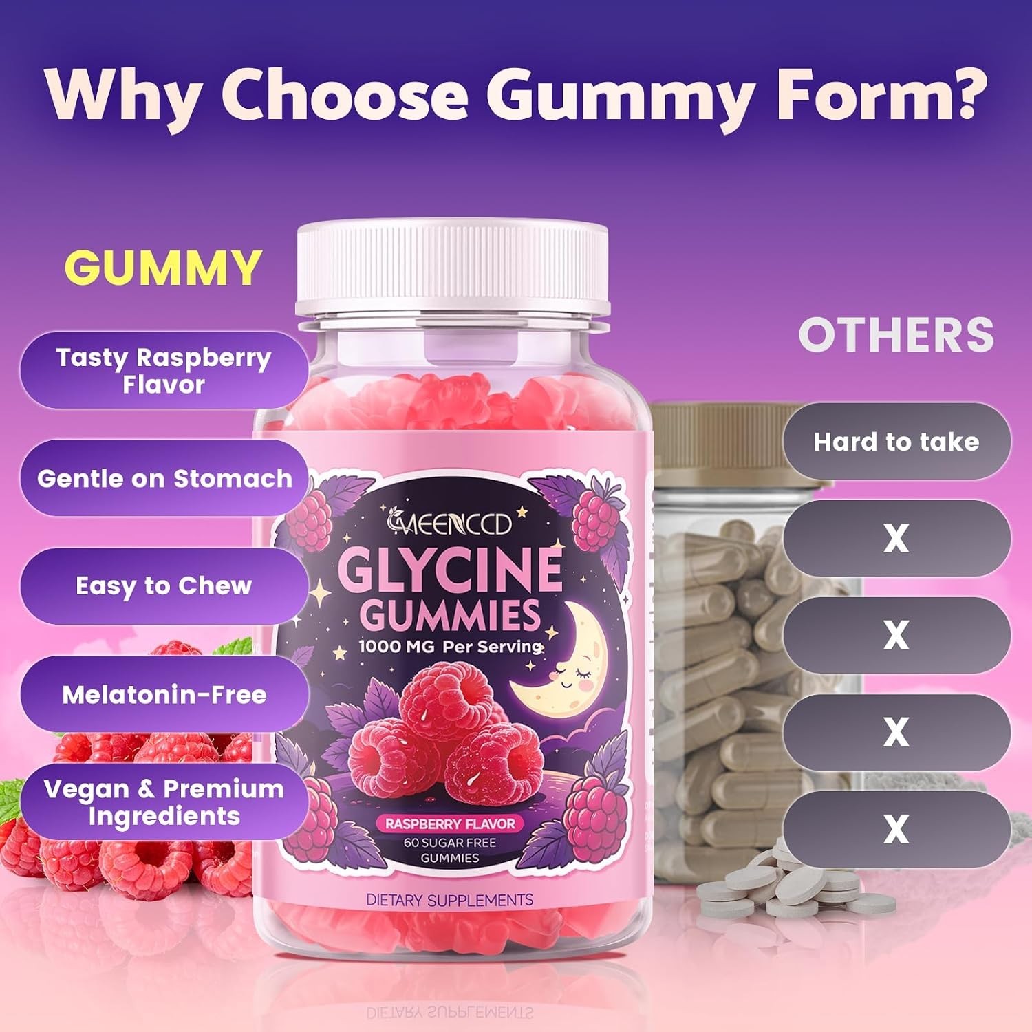 Glycine Gummies 1000mg, Glycine Supplement for Relaxation and Nerve Support