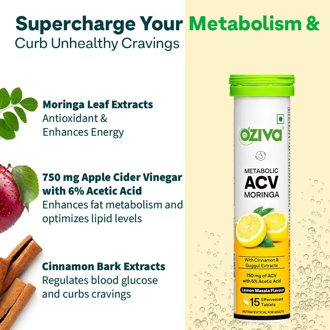 OZiva ACV Moringa Effervescent Lemon Masala, Pack of 4 (60 Tablets)