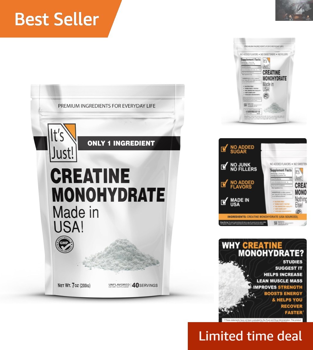 Pure Creatine Monohydrate – 5g Serving, 3rd Party Tested, 200g Total, No Fillers