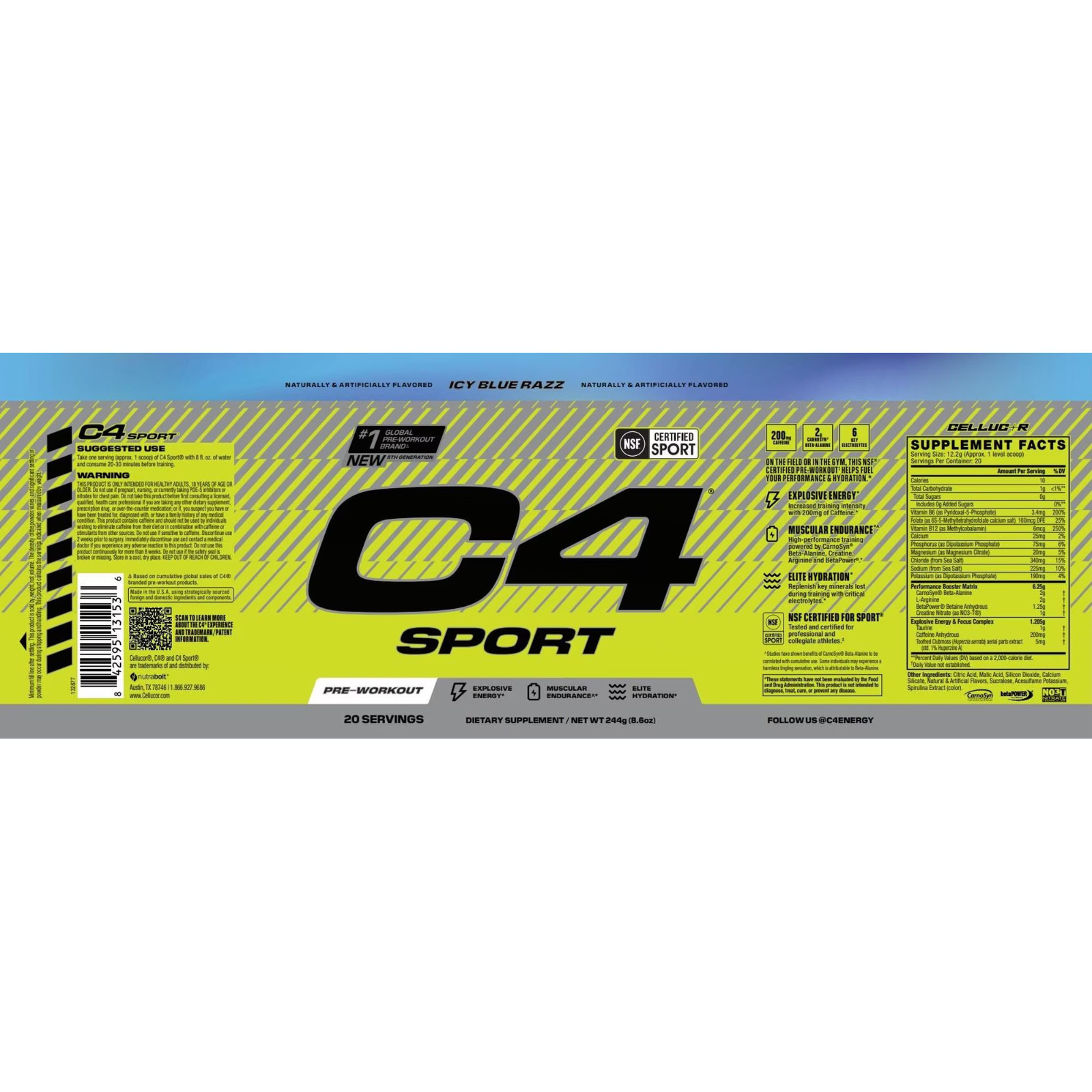 C4 Sport Pre Workout Powder Icy Blue Razz 20 Servings Energy Performance