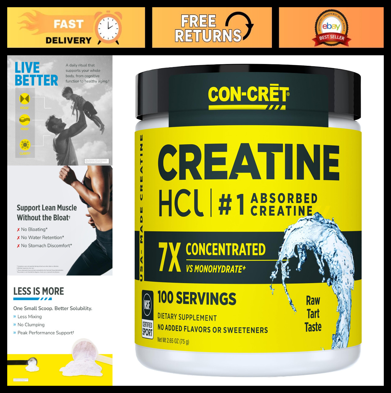 Creatine HCl Powder, Unflavored, 100 Servings – No Bloating, Muscle & Strength S
