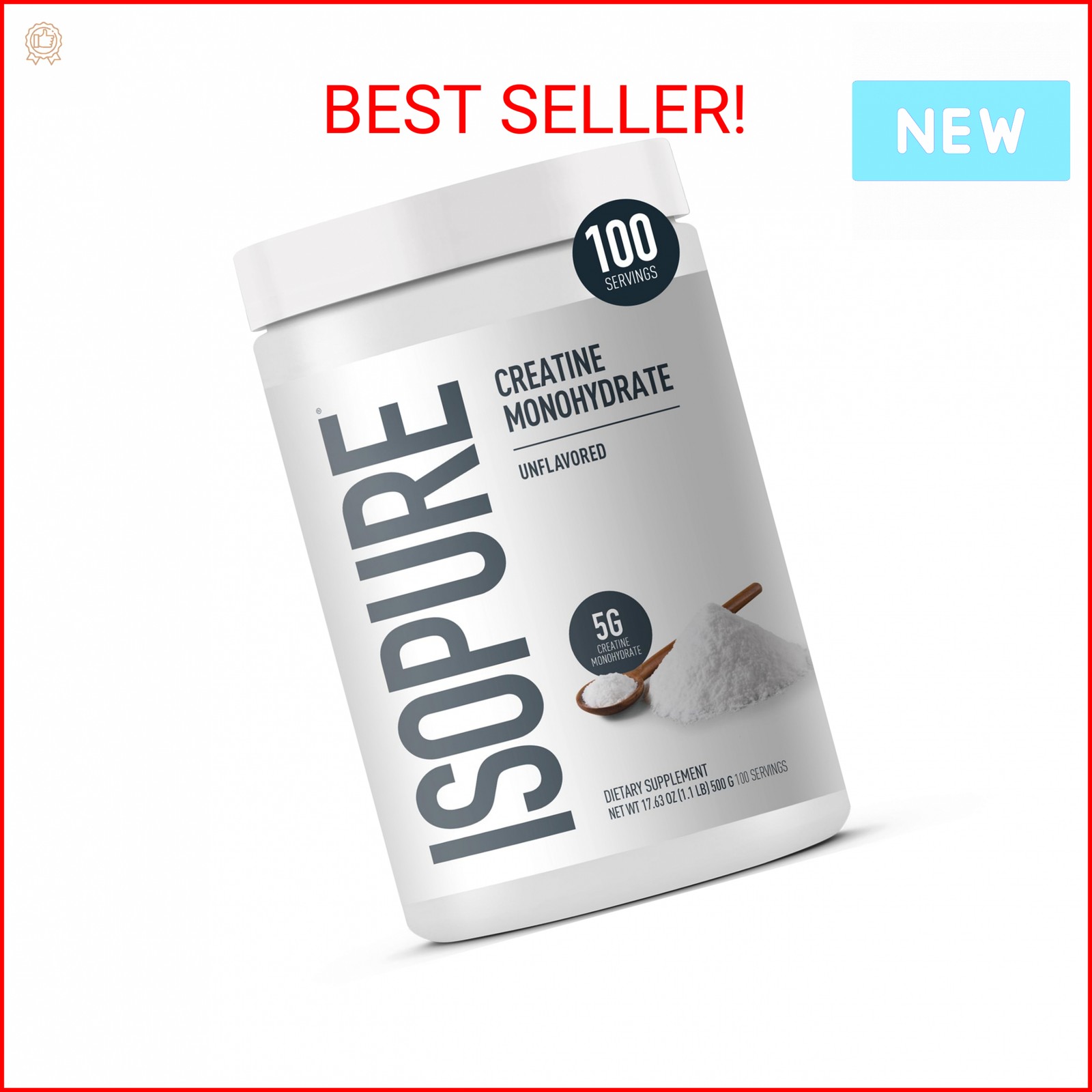 Isopure 100% Pure Creatine Monohydrate Powder, Sugar Free, Unflavored, 5g Creati