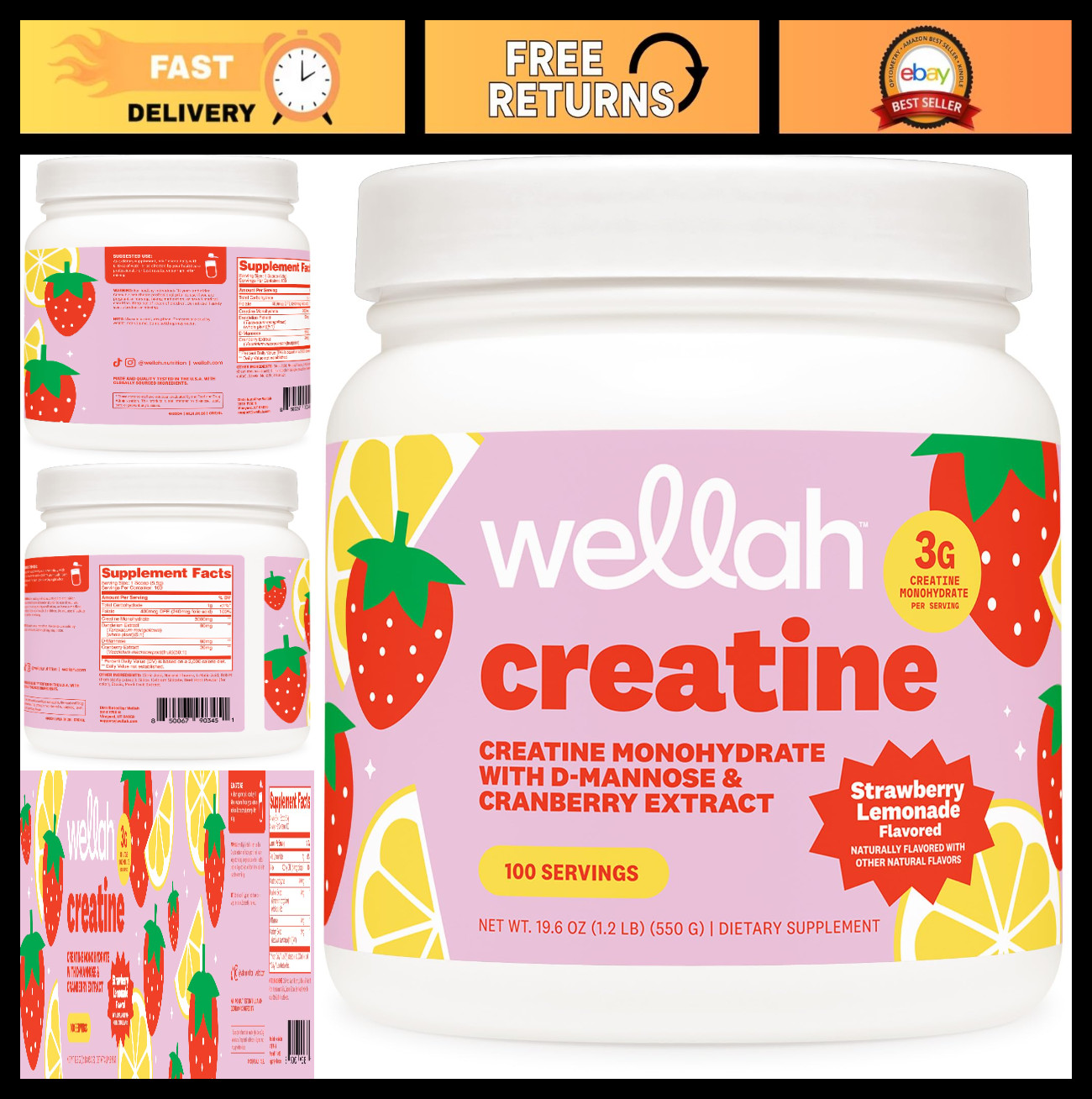 Creatine Monohydrate for Women – Strawberry Lemonade, 100 Servings, 3g/Serv, Dan