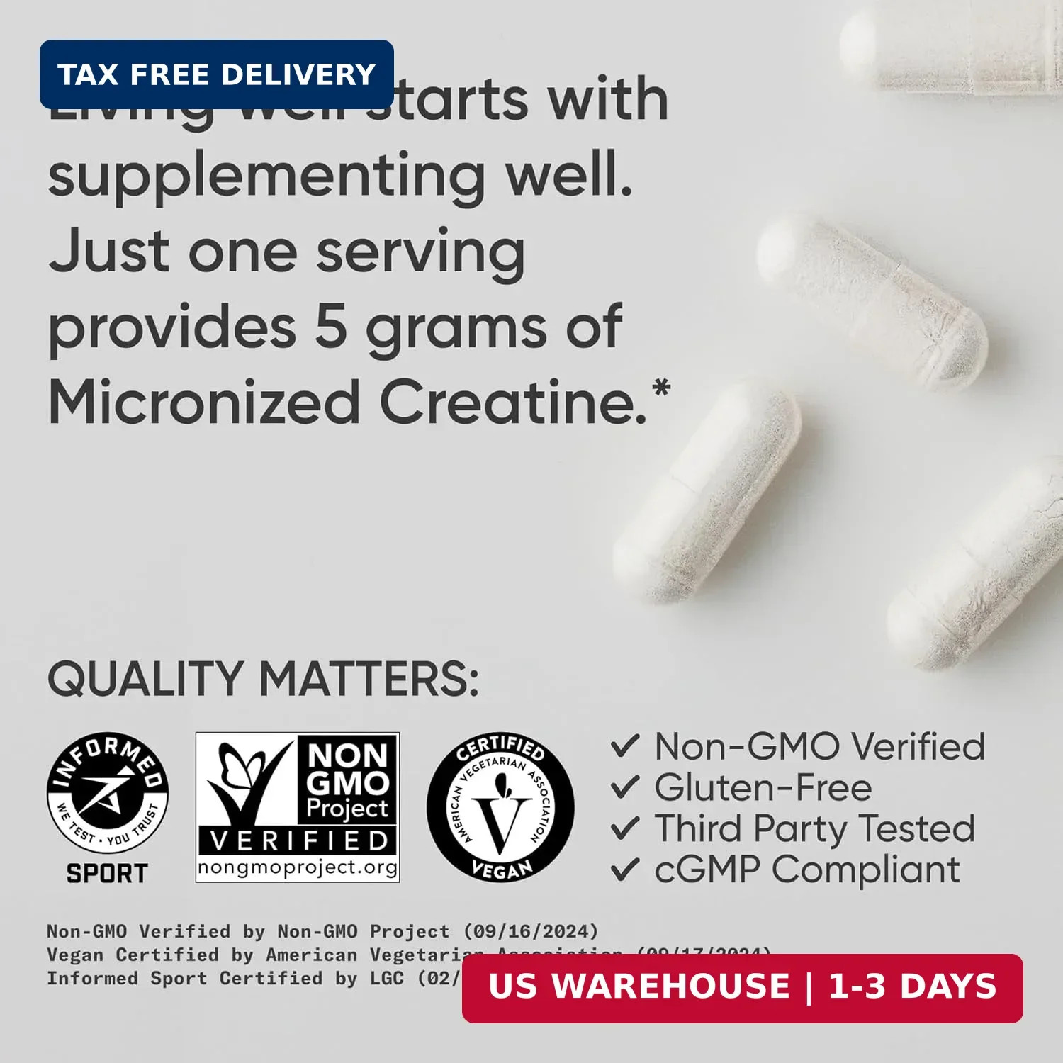 Creatine Monohydrate Capsules 5g, 120 Count | Micronized Vegan