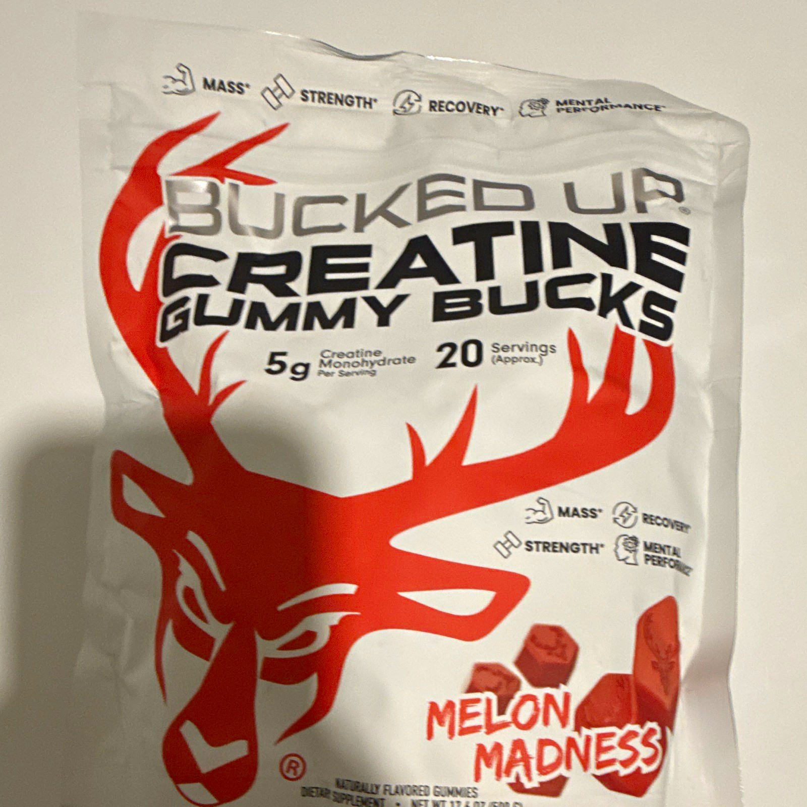 Bucked Up Creatine Monohydrate Gummies 5g 20 Servings Melon Madness Exp 04/2027
