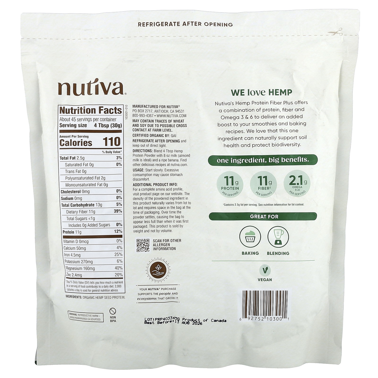 Nutiva Organic Hemp Protein Hi-Fiber 3 lbs 1 36 kg B Corp, Dairy-Free,