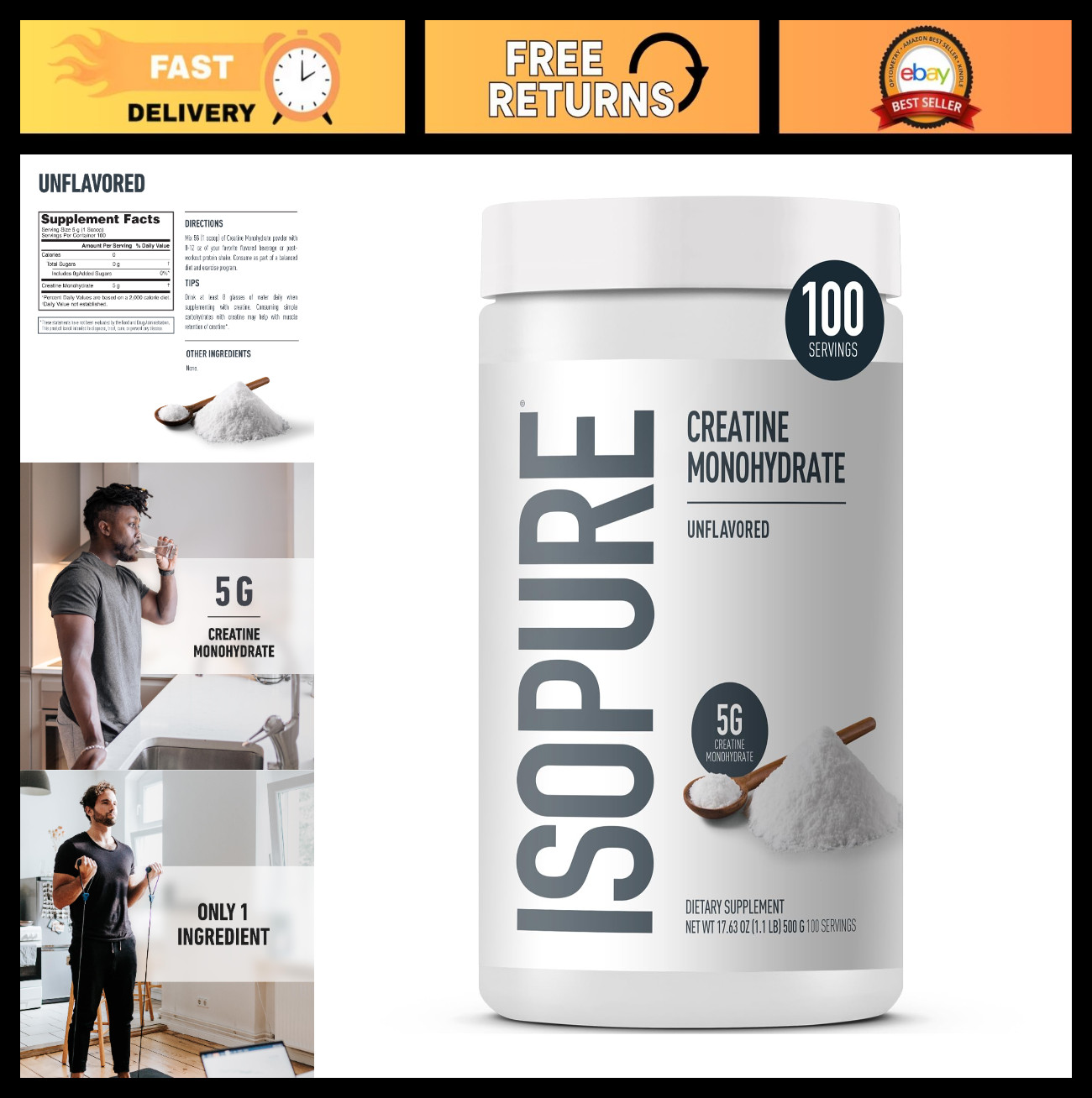100% Pure Creatine Monohydrate Powder, Sugar-Free, Unflavored, 5g/Serving, 1.1 l