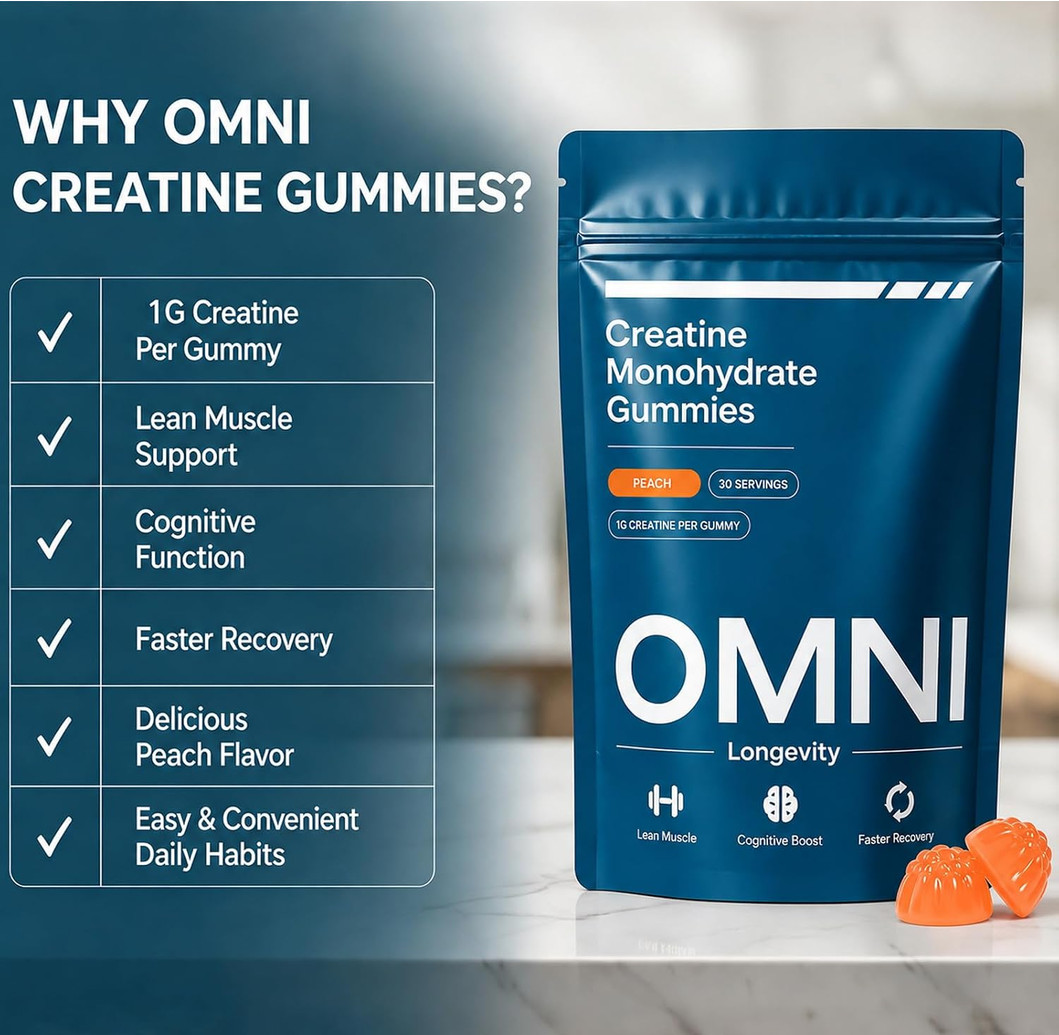Omni Creatine Monohydrate Gummies Peach 30 Servings Peach Flavor 1g per Gum