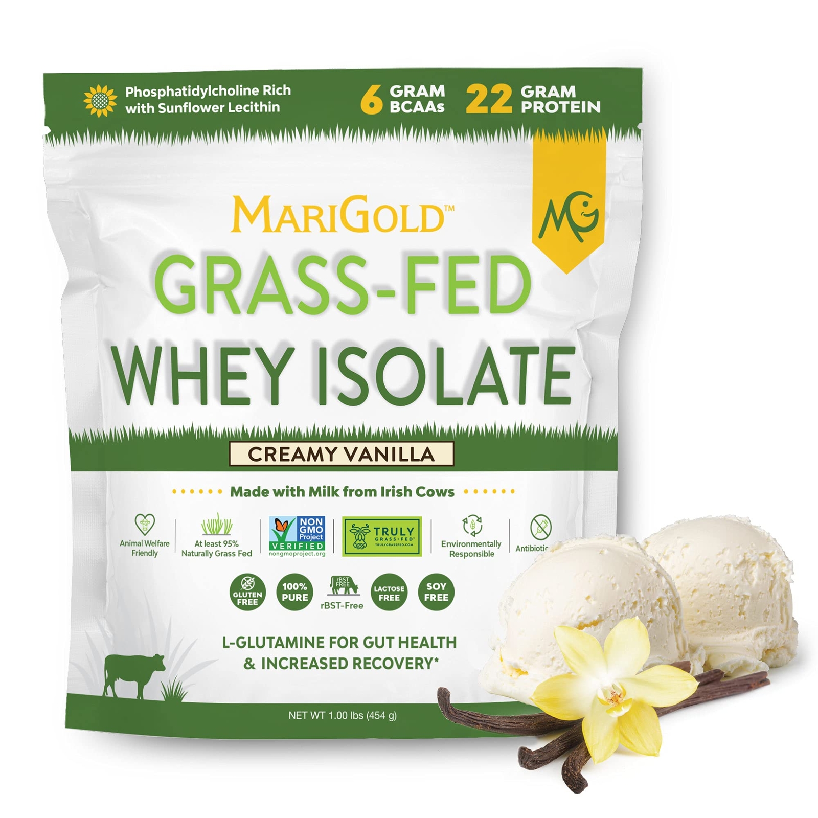 MariGold Grass-fed Whey Protein Isolate Powder – Creamy Vanilla Flavor – 1 Lb…