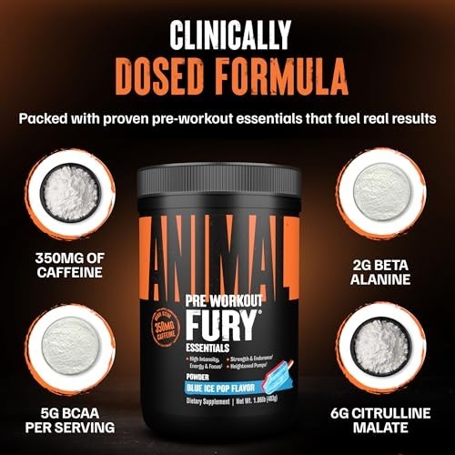 Pre Workout Powder – Blue Ice Pop, 350mg Caffeine, BCAA, Beta Alanine, Energy &