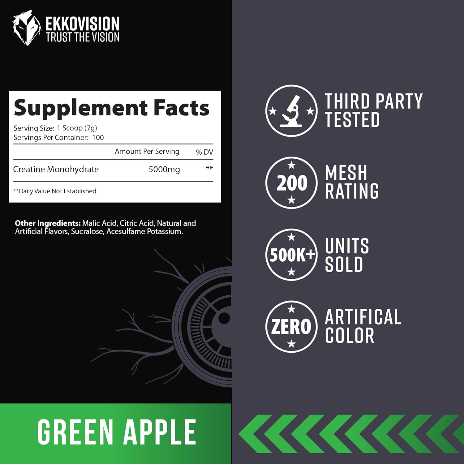 Ekkovision Creatine Monohydrate Green Apple 100 Servings Micronized Energy