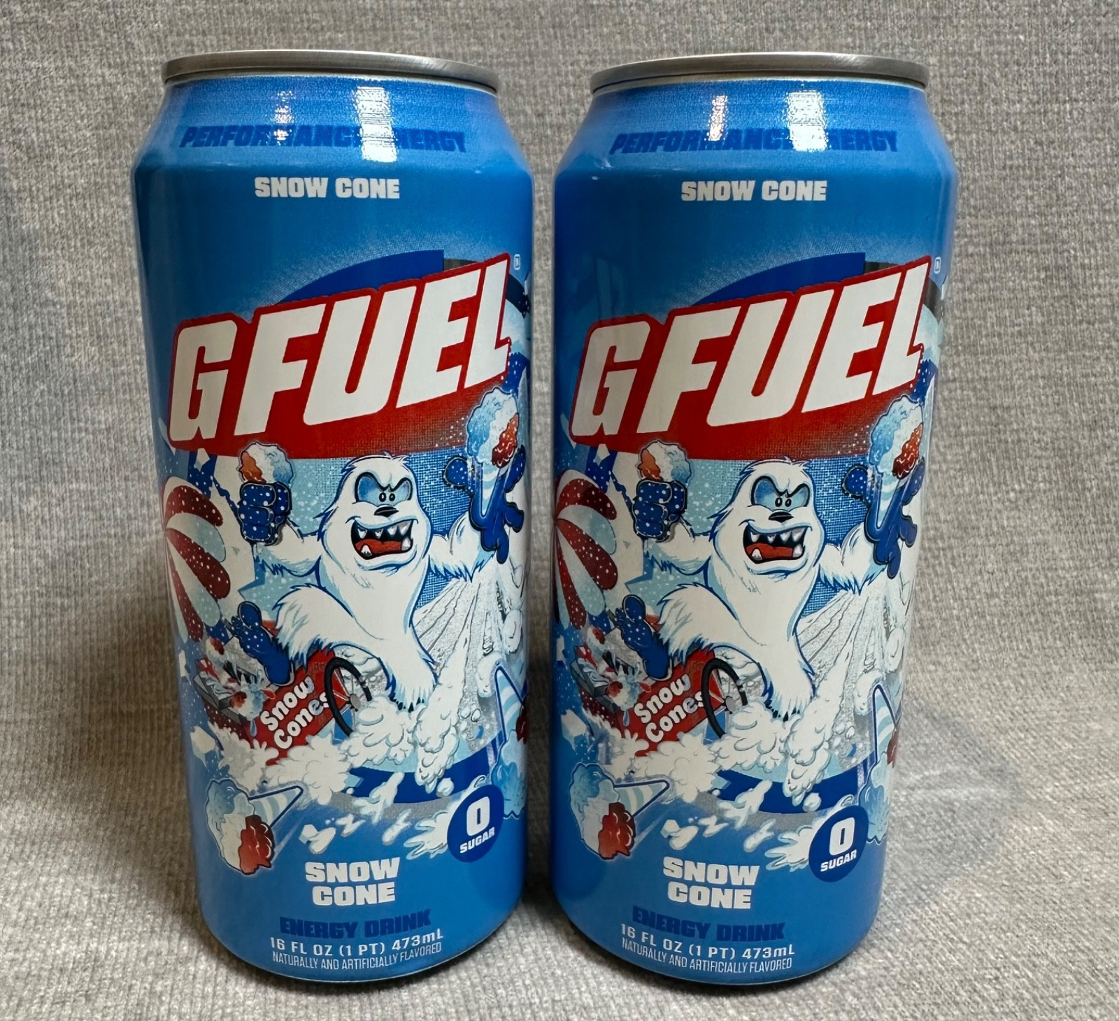 Gfuel Snow Cone Energy Drink 2 Cans! Gamer Energy 0 calories 0 Sugar Yeti Art