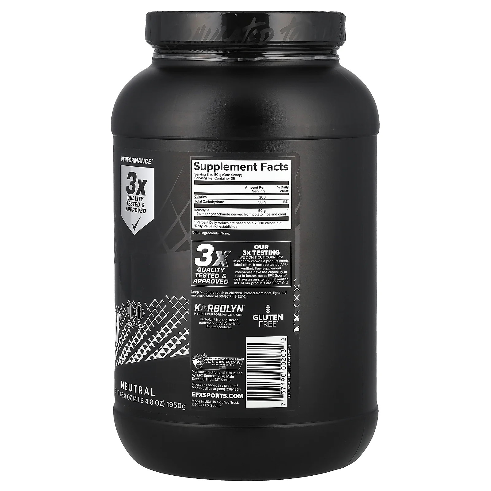 EFX Sports Karbolyn Fuel Neutral 68 8 oz 1950 g Gluten-Free, Informed Sport,