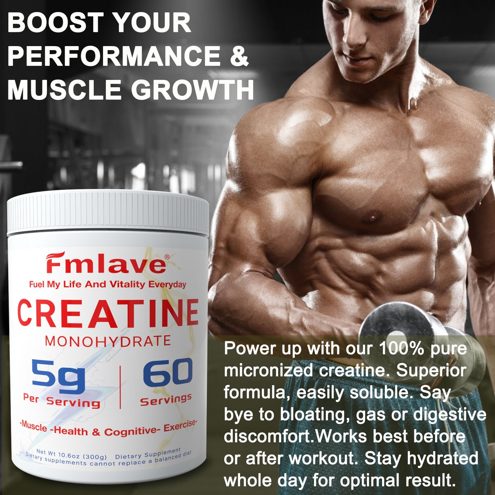 Unflavored CREATINE Monohydrate Powder Micronized For Men & Women 60 Servings