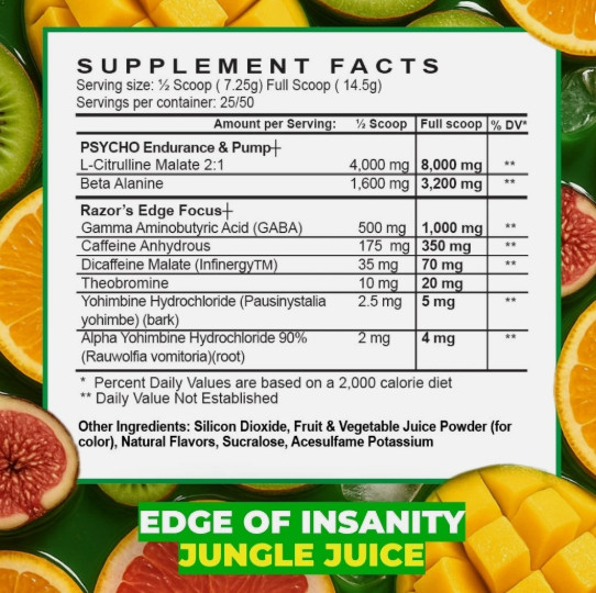 PSYCHO PHARMA EDGE OF INSANITY Pre Workout Energy Focus Endurance 25 Servings