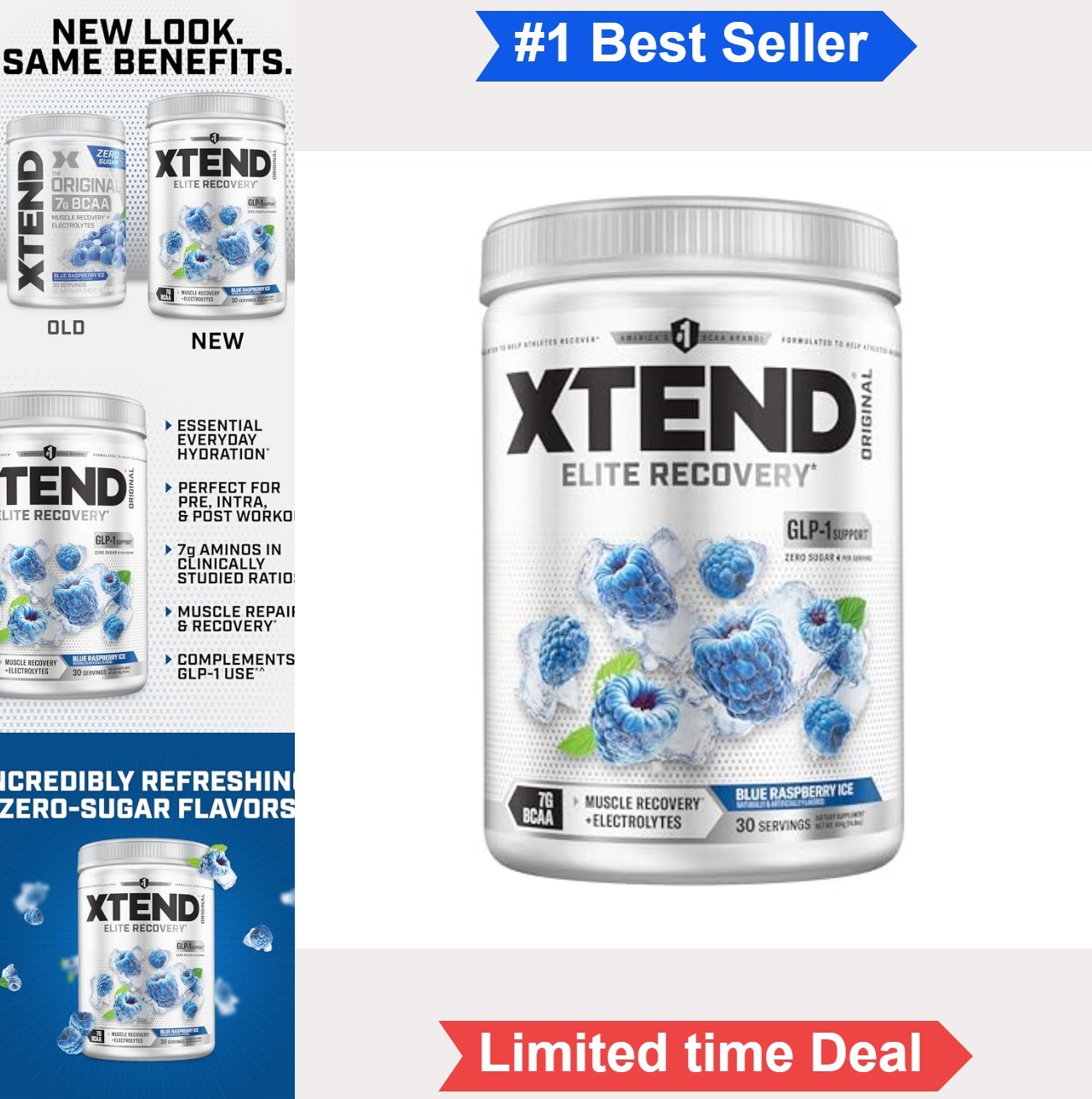 BCAA Powder 7g with Electrolytes Blue Raspberry Ice 30 Servings Sugar Free