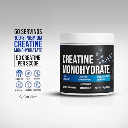 Pure Creatine Monohydrate Powder – Vegan, Gluten-Free, No Additives – 50 Serving