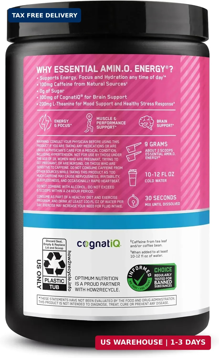 Optimum Nutrition, Amino Energy Powder Plus Focus, with Bcaa, Electrolytes, and