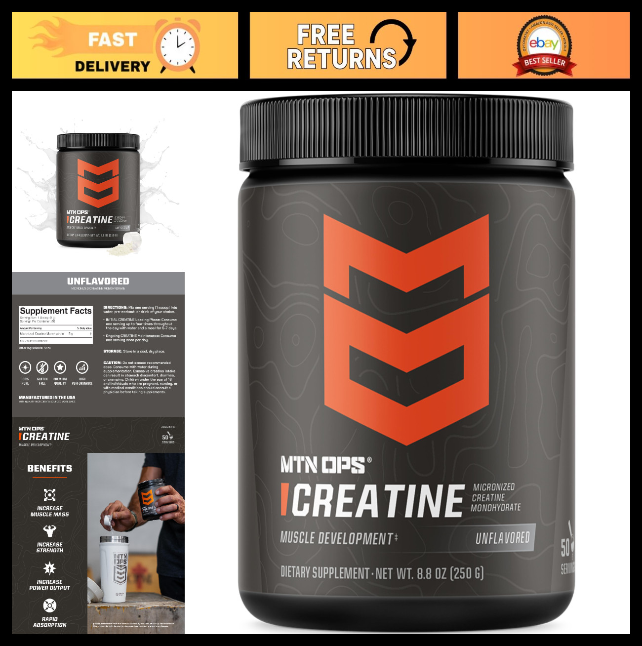 Creatine Monohydrate Powder – 5g Micronized for Muscle Strength & Recovery, 50 S