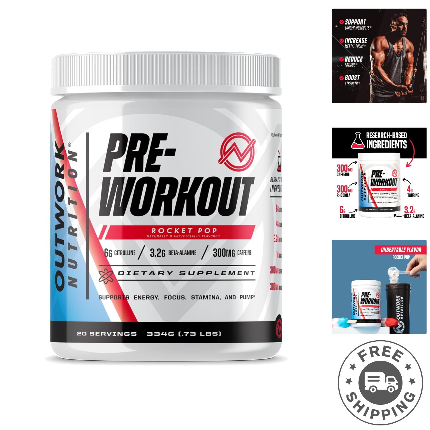 Nootropic Pre-Workout Powder – , Sugar-Free, Rocket Pop Flavor, 11.7 oz