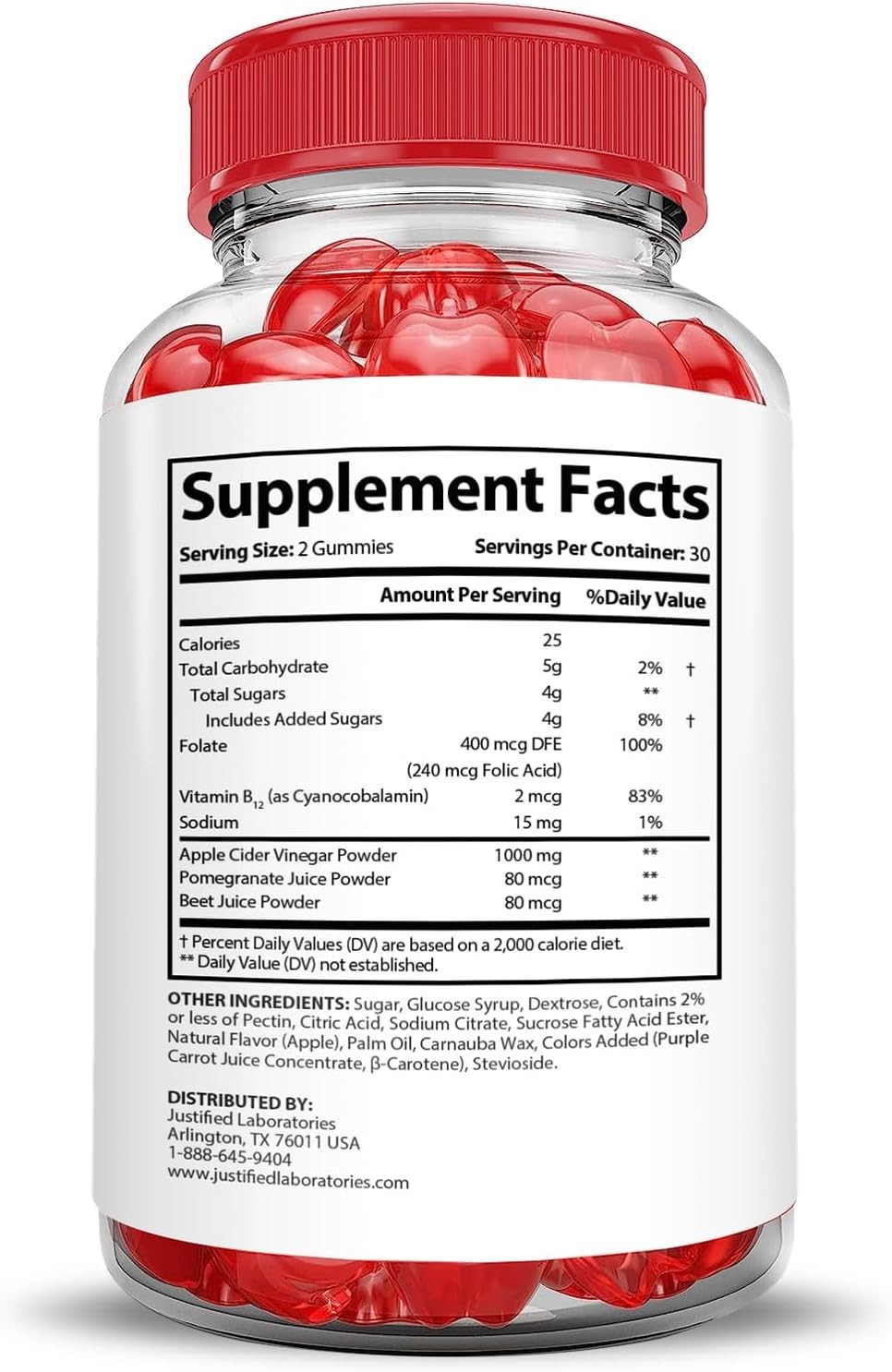 Justified Laboratories Vital Grow XL Gummies 1000mg ACV Folate B12 Non-GMO Vegan