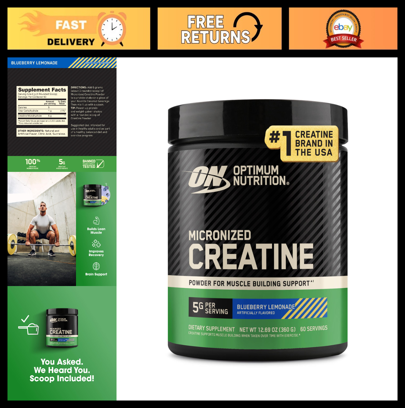 Micronized Creatine Monohydrate Powder – 5g Strength & Recovery, 60 Servings, Bl