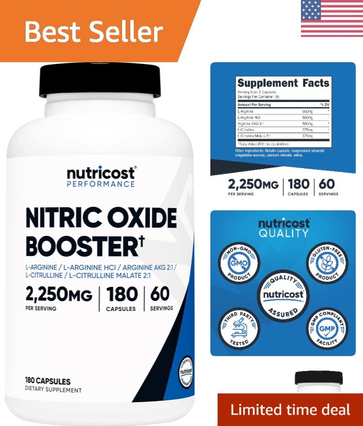 Gluten-Free Nitric Oxide Booster 2250mg – 180 Capsules for Adult Vascular Health