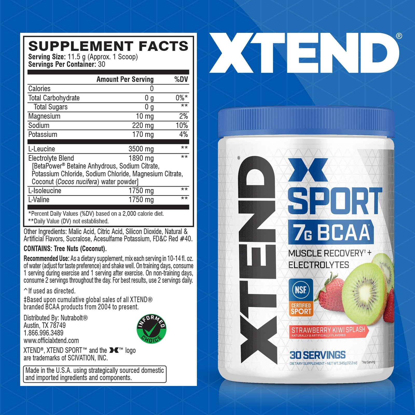 XTEND BCAA Powder Strawberry Kiwi Splash 30 Servings Sugar Free Electrolytes