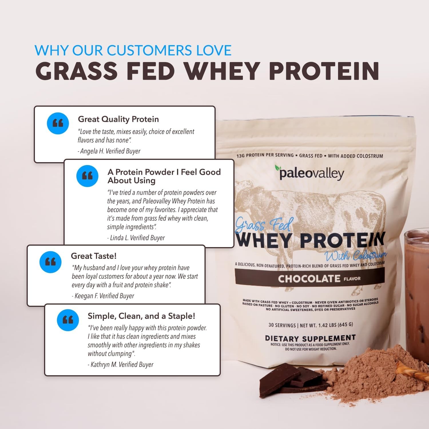 Paleovalley 100% Grass Fed Whey Protein Powder with Colostrum, Chocolate | Gut H