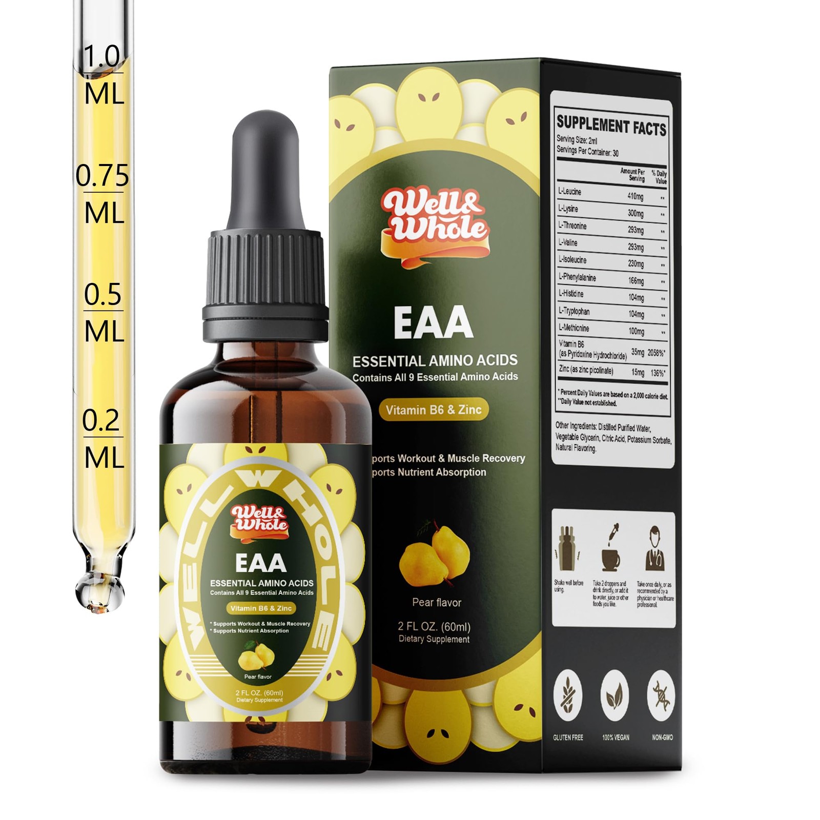 EAA Liquid Drops Amino Acid & Liver Support w/ B6 Zinc 2oz Non-GMO Vegan
