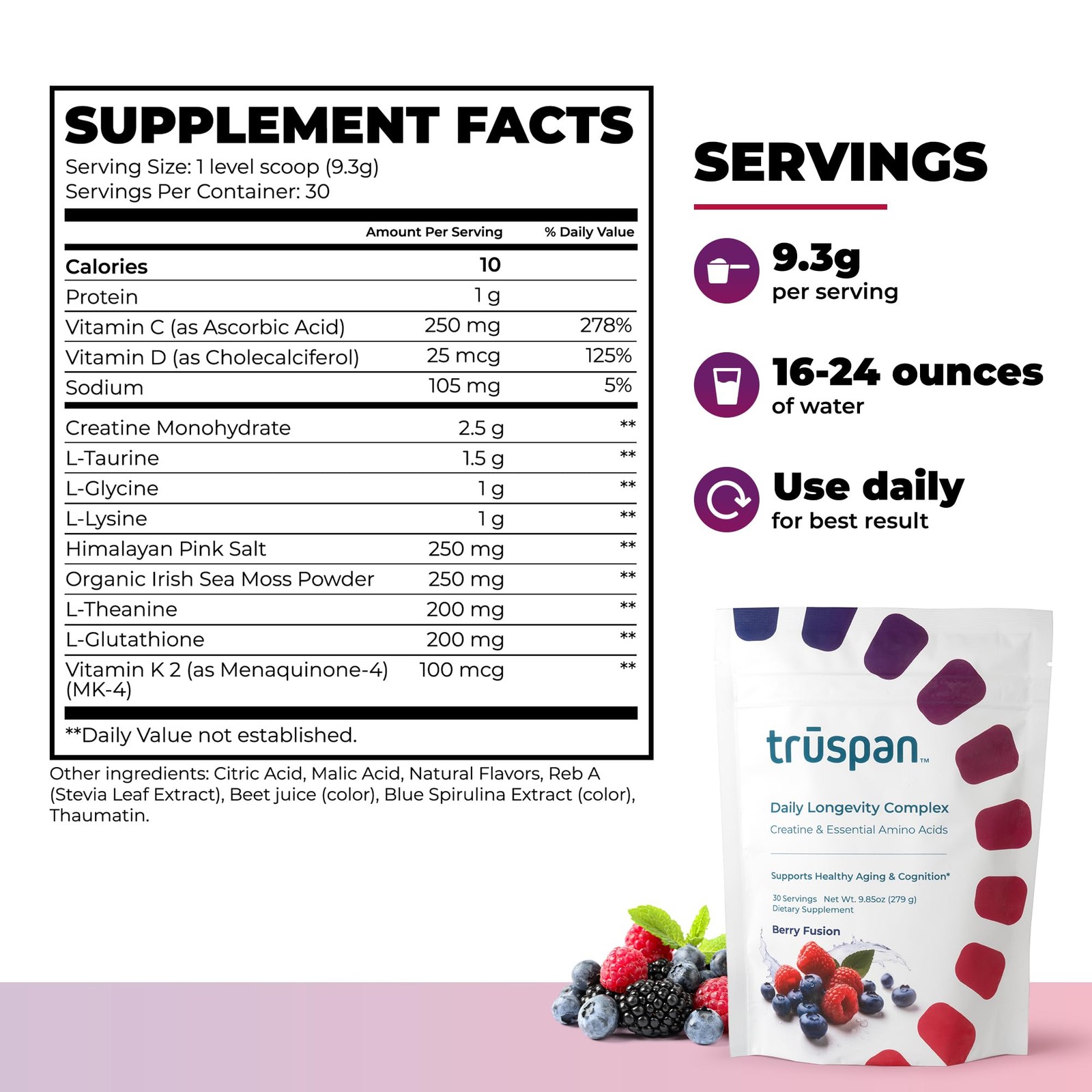 TruSpan Daily Longevity Complex Creatine Powder, with 9.85 Ounce (Pack of 1)