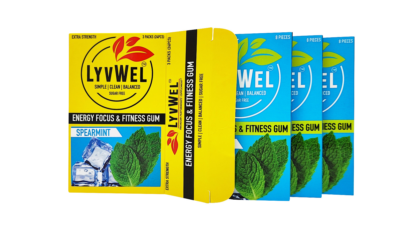 Spearmint Energy Chews Gum 80mg Caffeine Alertness Awake Focus 3 Packs Nootropic
