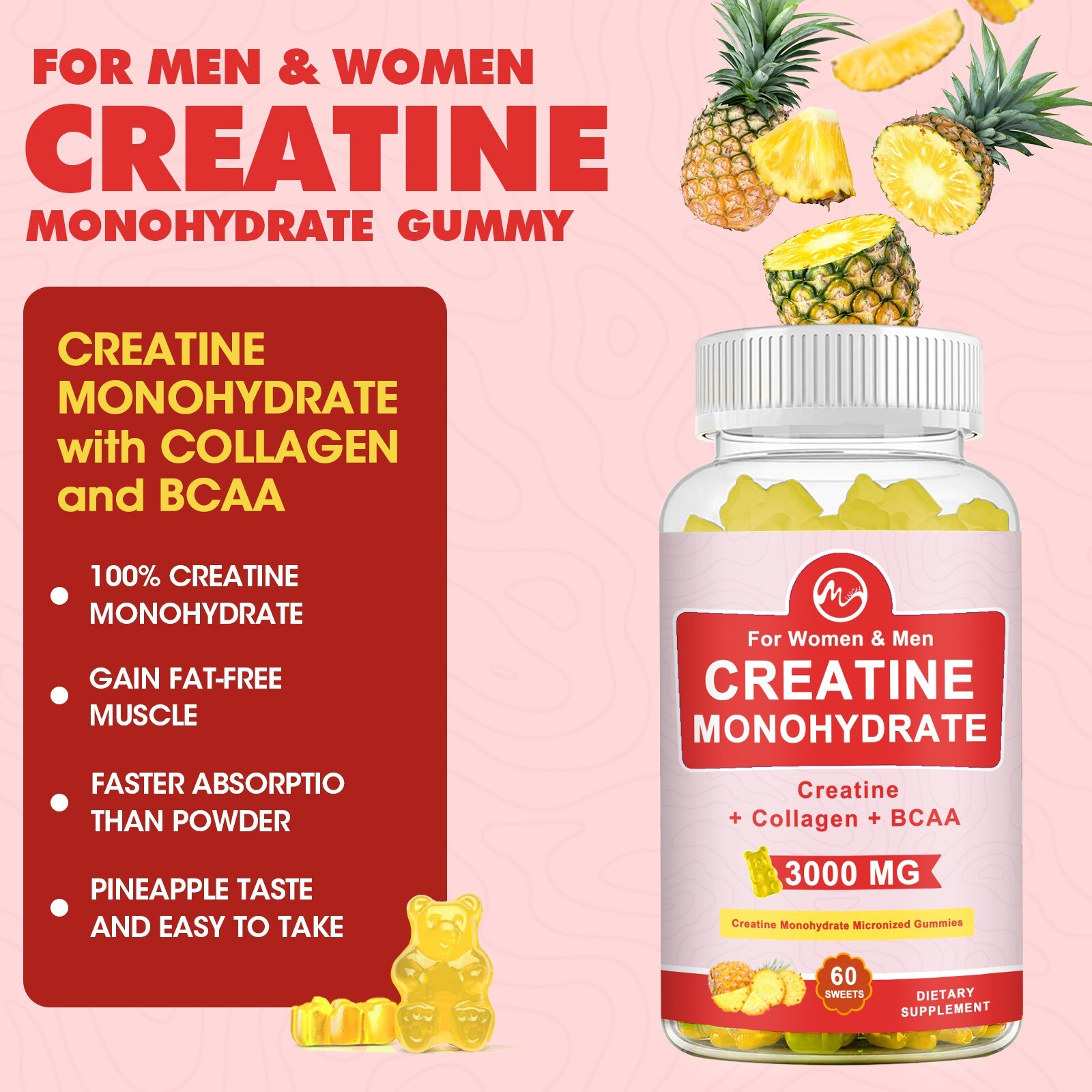 Creatine Monohydrate Gummies 3000mg Strength Energy Muscle Health For Women Men
