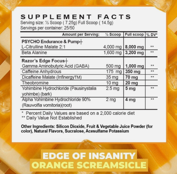 PSYCHO PHARMA EDGE OF INSANITY Pre Workout Energy Focus Endurance 25 Servings
