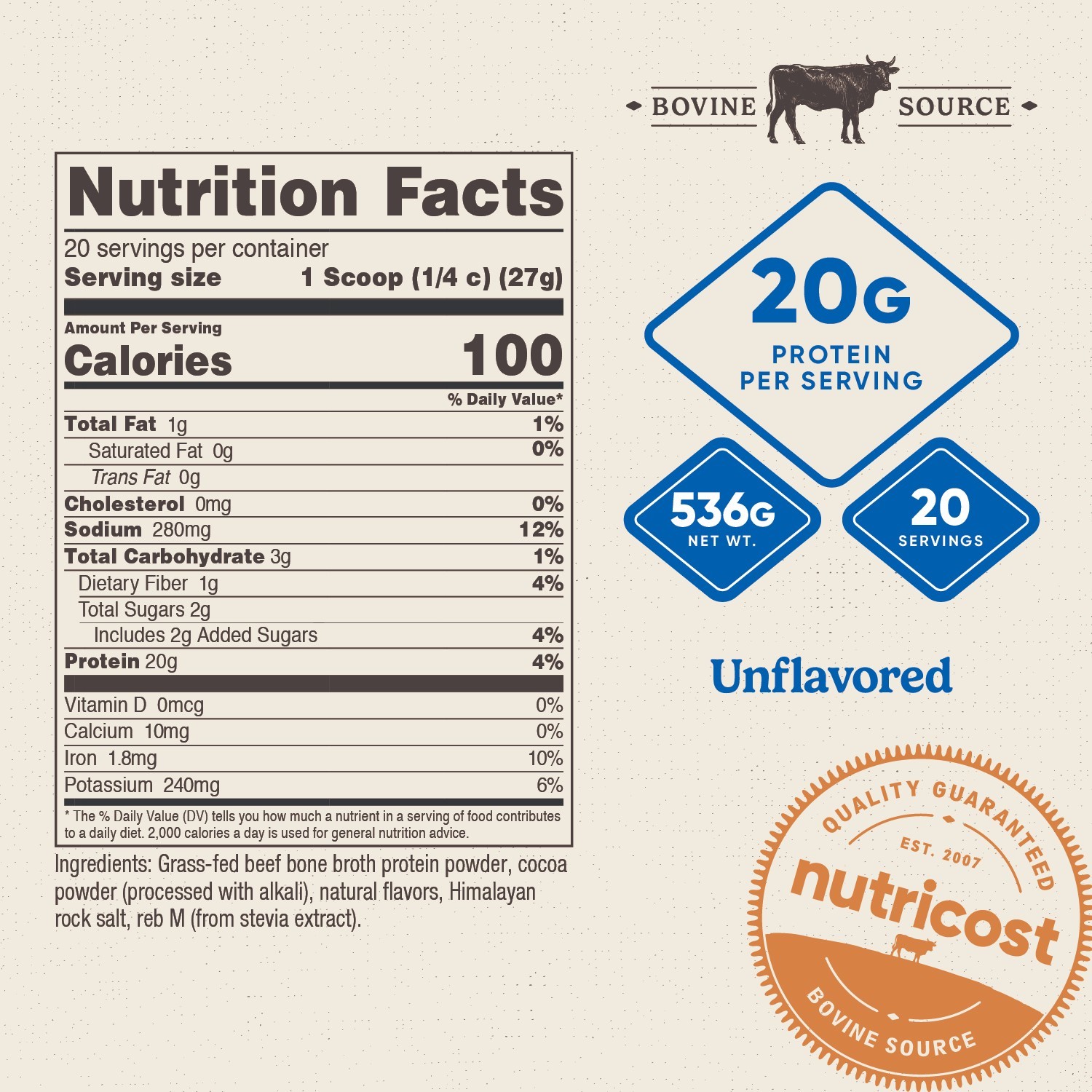 Nutricost Beef Bone Broth Protein Powder Chocolate (20 Servings) – Gluten-Free