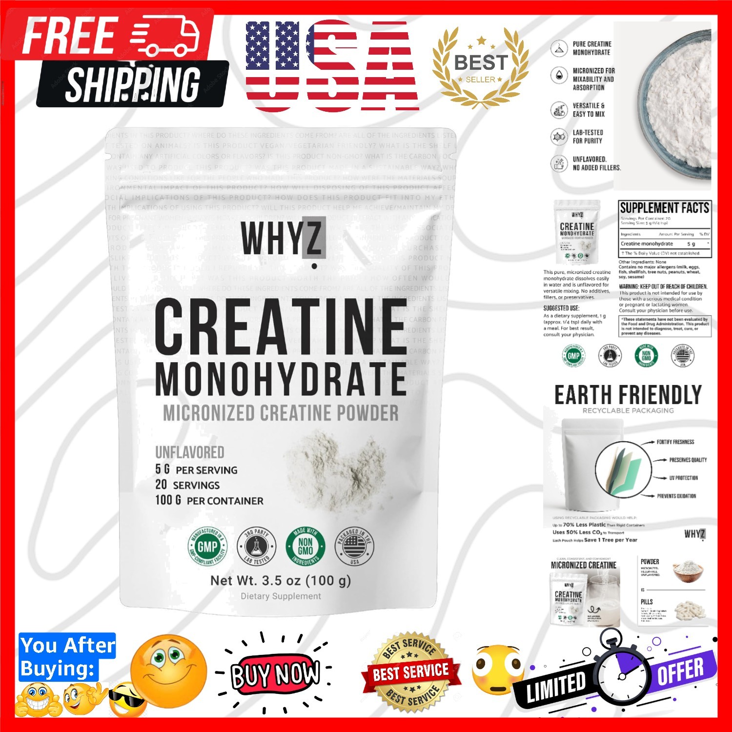 Creatine Monohydrate Powder, Micronized, Unflavored Creatine for Men & Women,…