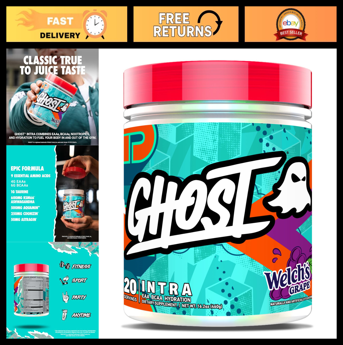 Intra Workout Powder – Grape Flavor, BCAAs, EAAs, Nootropics & Hydration Boost –