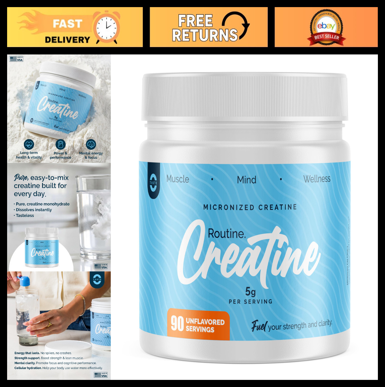 Micronized Creatine Monohydrate Powder – Unflavored, 90 Servings, Muscle & Energ